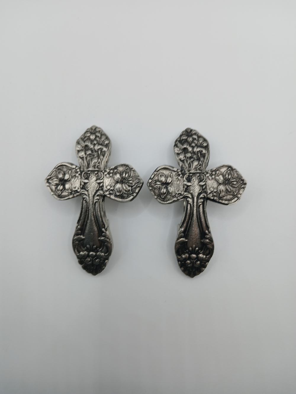 Ornate Silver-Tone Floral Cross Hair Clips - Pair